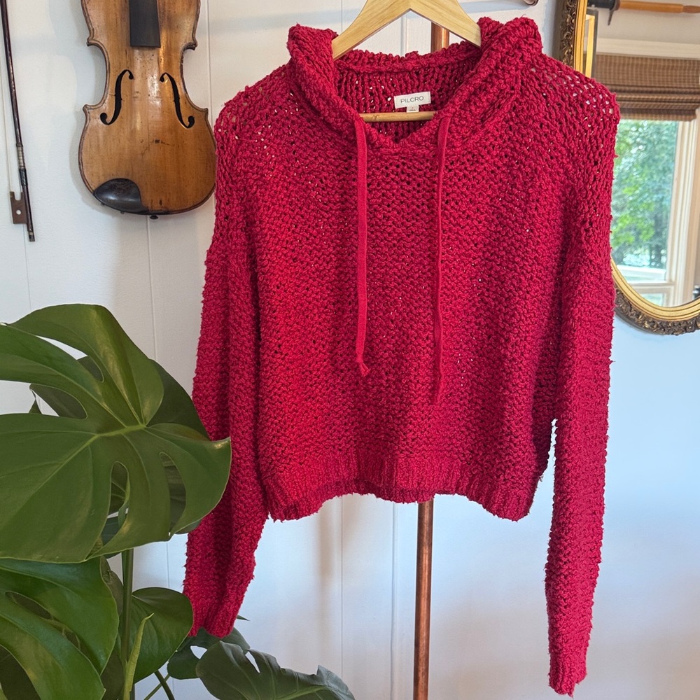 😍Anthropologie Pilcro Deep Pink Knit Hoodie Sweater, S, #76